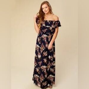 Navy Long Floral Off The Shoulder Dress by Altar’d State Size Small